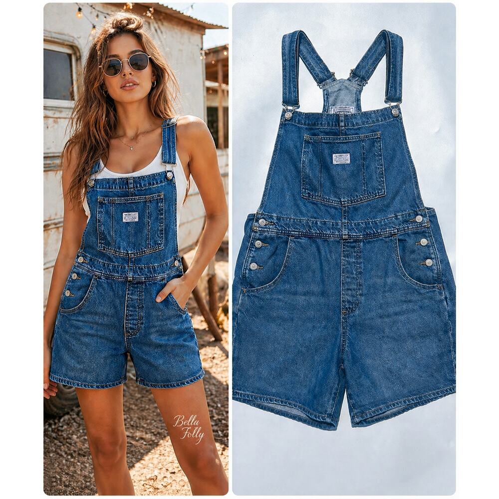 Levi’s Two Horse Denim Shortalls Womens L Blue Overalls Shorts Casual 90s Style
